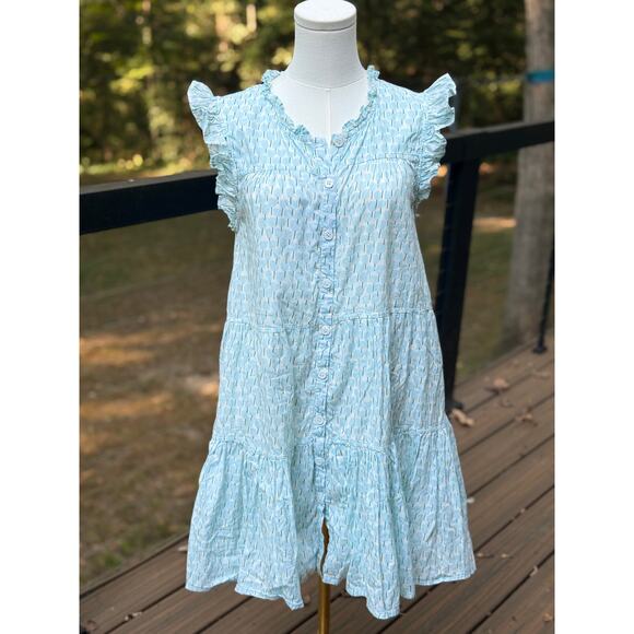 Pink Chicken Women's Small Blue White Sleeveless Block Print Ruffle Shirt Dress - Picture 1 of 9